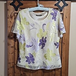 Jacques Vert Cream Purple Green Floral Flutter Sleeve Flowy Top Size 16